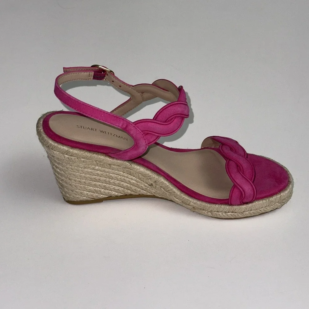 Stuart Weitzman Espadrille wedge suede sandals Twist Buckle Pink Women's 6.5